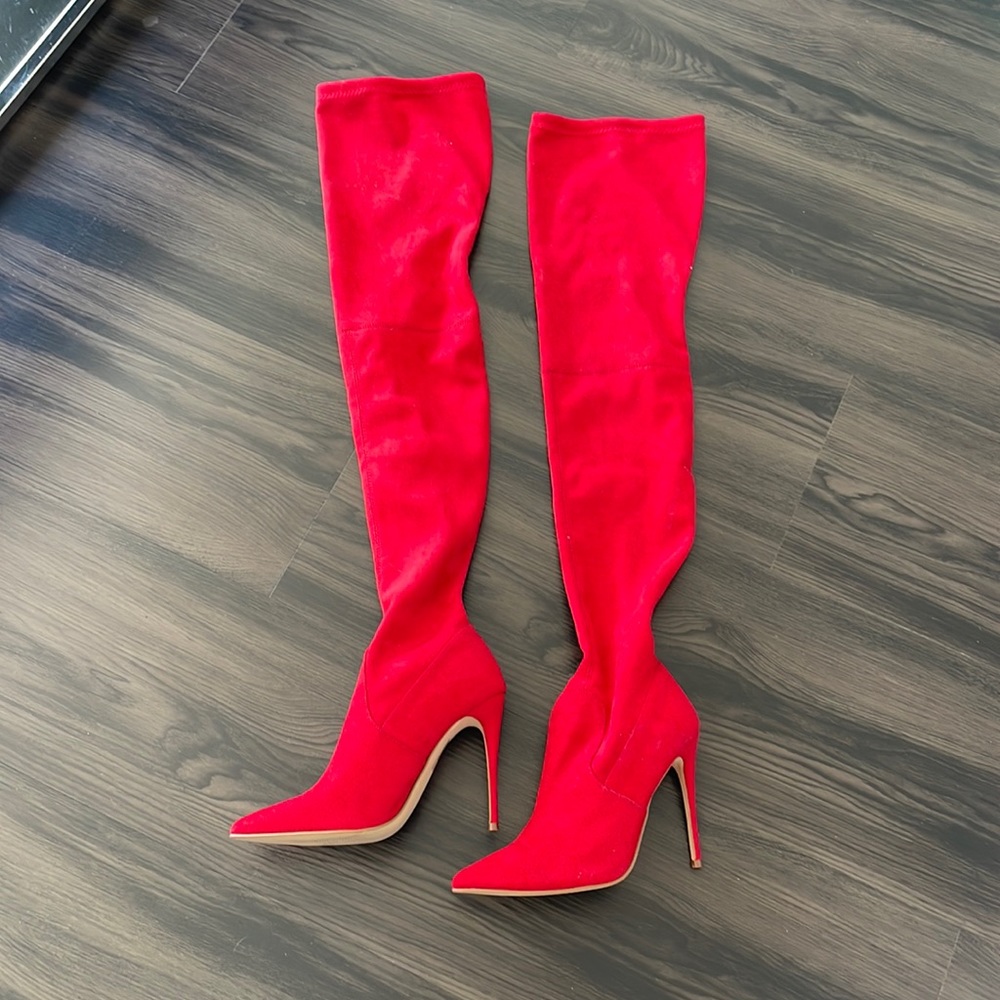 Thigh high red boots